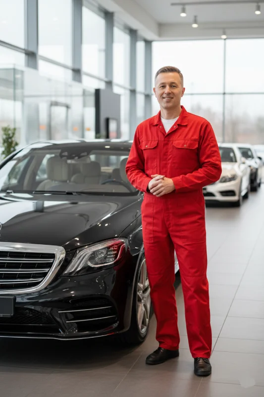 Bogdan Michalec podczas oględzin samochodu w profesjonalnym salonie