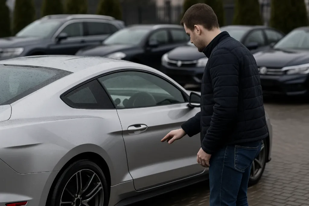 Mężczyzna ogląda samochód na placu sprzedaży w Rzeszowie podczas wyboru odpowiedniego auta do zakupu.
