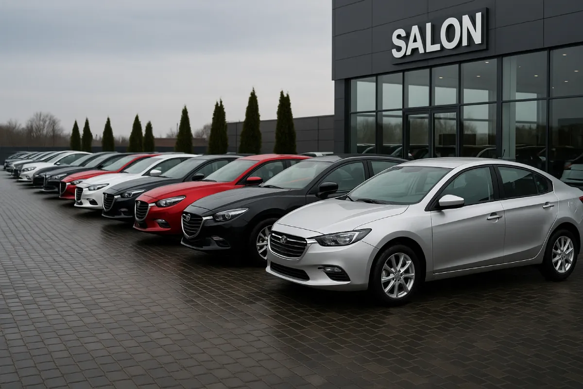 Nowoczesny salon samochodowy w Rzeszowie z szeregiem aut ustawionych przed budynkiem.