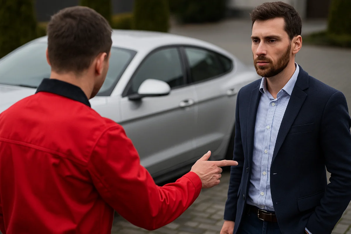 Bogdan Michalec omawia ze sprzedającym wyniki diagnostyki auta