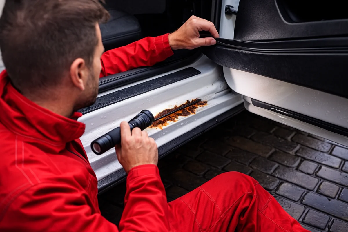 Doradca samochodowy w czerwonym kombinezonie sprawdza korozję na dolnej części drzwi samochodu podczas szczegółowej inspekcji przed zakupem.