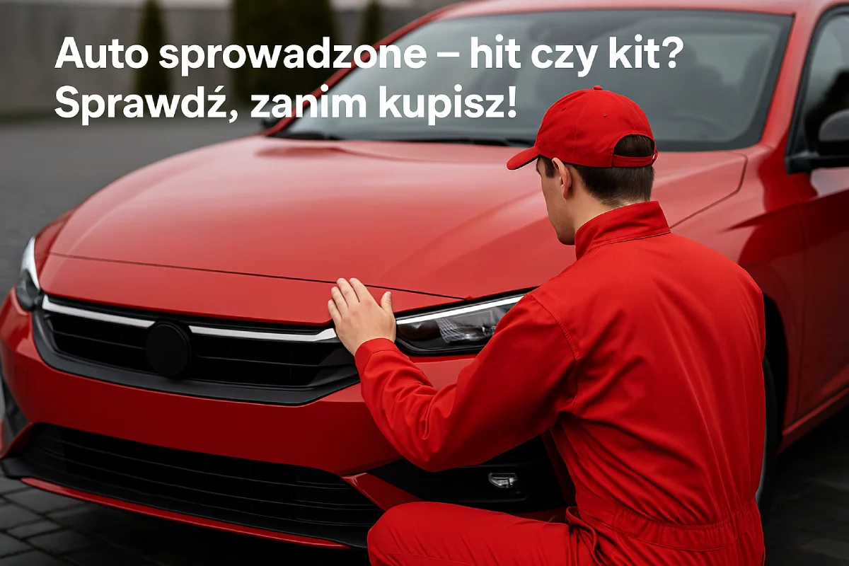 Doradca samochodowy w czerwonym kombinezonie sprawdza stan lakieru i spasowanie elementów w aucie sprowadzonym, analizując możliwe ślady napraw.
