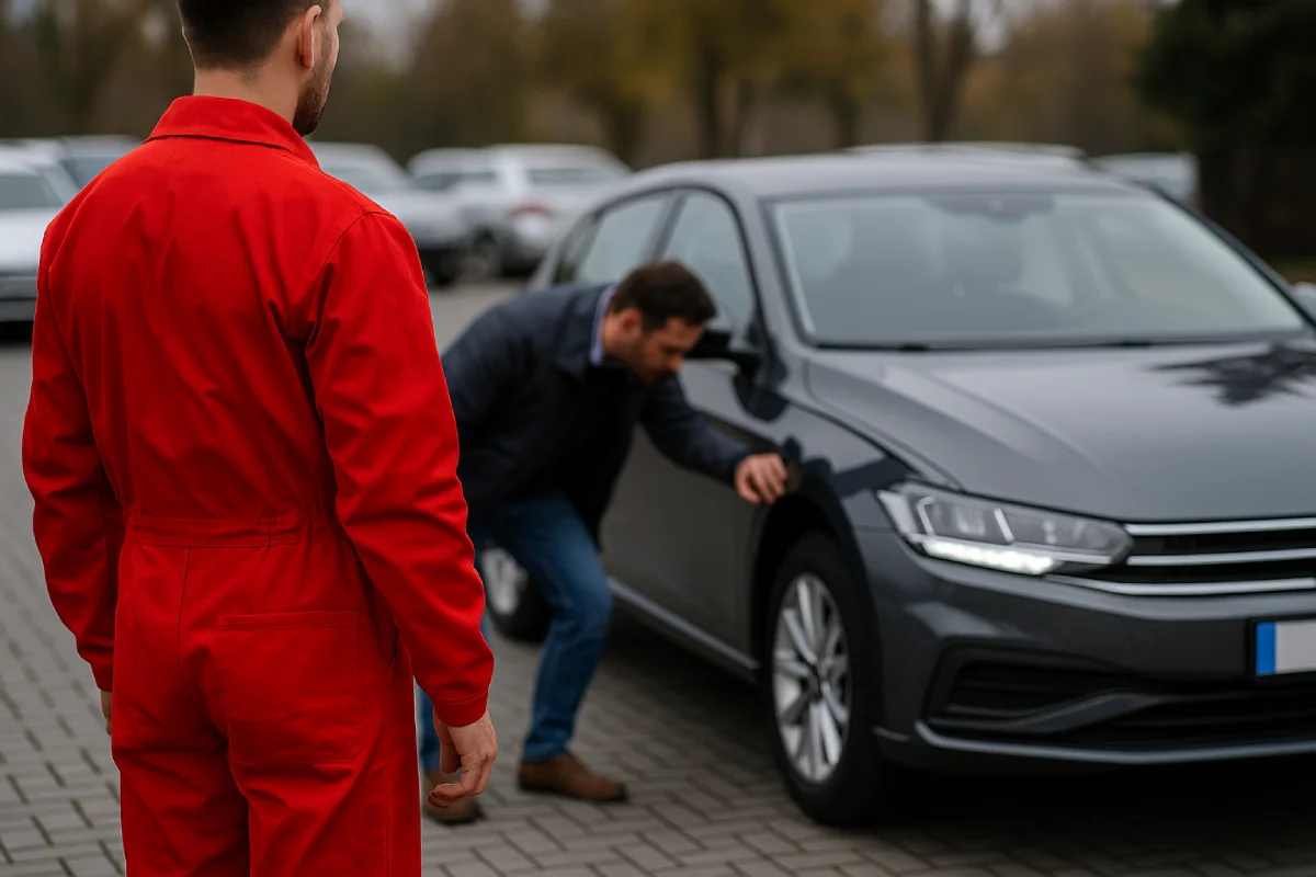 Kupujący pobieżnie ogląda samochód na parkingu, podczas gdy technik w czerwonym kombinezonie obserwuje przebieg inspekcji.