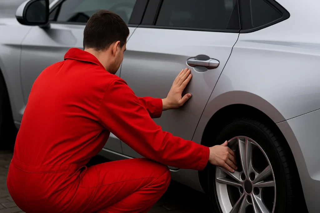 Technik w czerwonym kombinezonie dokładnie sprawdza boczny element karoserii samochodu podczas poszukiwania śladów napraw powypadkowych.