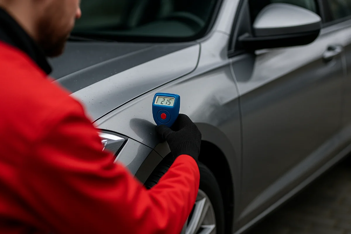 Doradca samochodowy w czerwonym kombinezonie przykłada miernik lakieru do błotnika samochodu podczas oceny ewentualnych napraw powypadkowych.