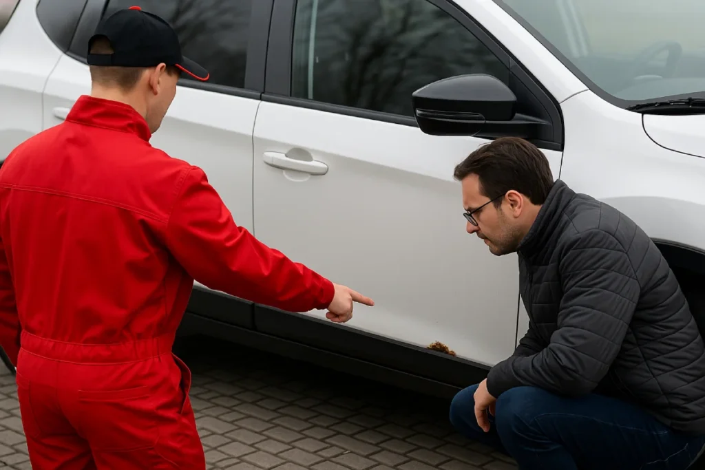 Doradca samochodowy w czerwonym kombinezonie wskazuje ognisko korozji na drzwiach samochodu, podczas gdy kupujący przygląda się usterce.