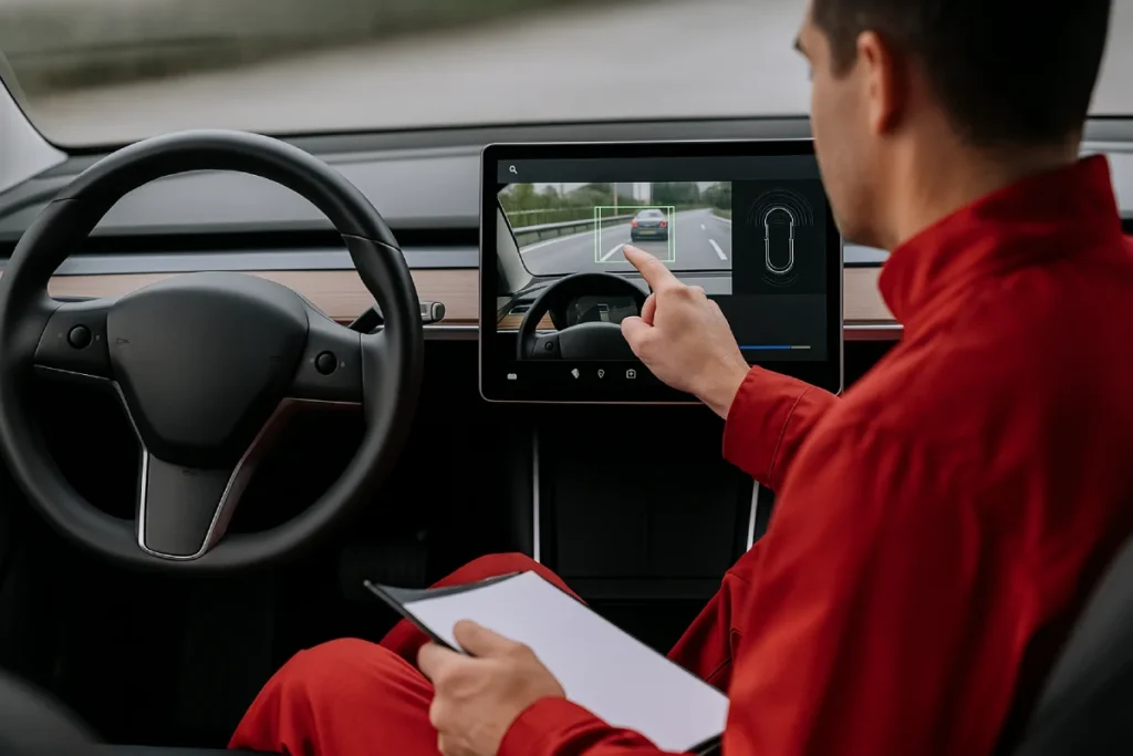 Doradca samochodowy w czerwonym kombinezonie analizuje funkcje systemów elektronicznych na ekranie multimedialnym podczas inspekcji auta przed zakupem.