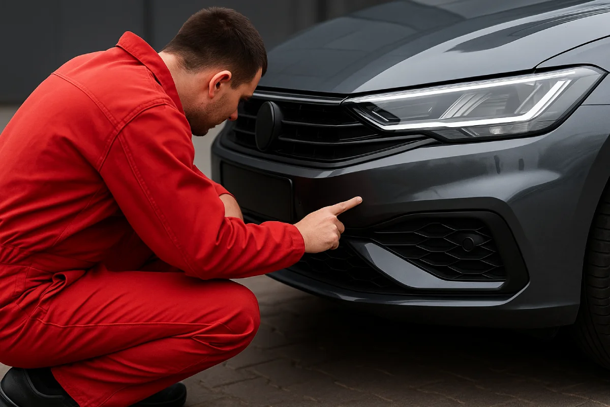 Doradca samochodowy w czerwonym kombinezonie sprawdza czujnik umieszczony w przednim zderzaku samochodu, oceniając działanie elementów nowoczesnych systemów wspomagania.