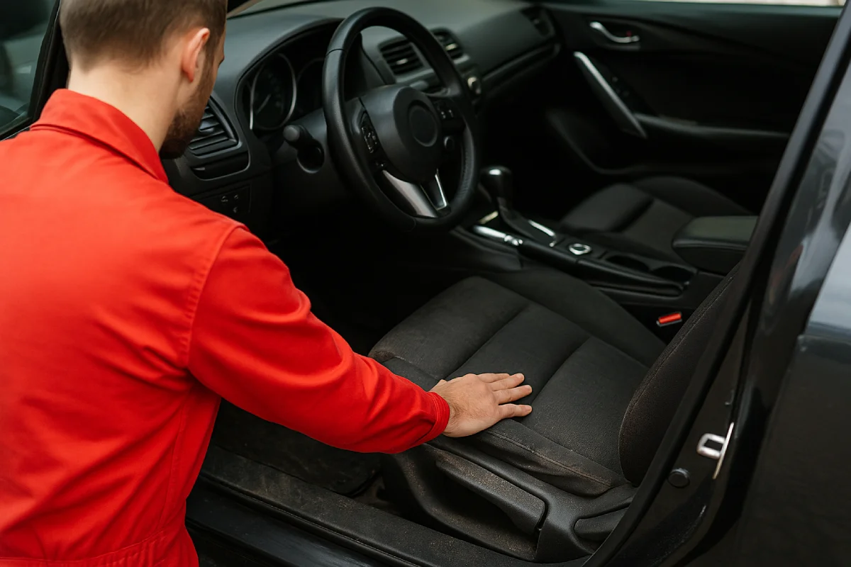 Doradca samochodowy w czerwonym kombinezonie sprawdza zużycie siedzenia w samochodzie, oceniając stan typowy dla intensywnie eksploatowanych aut flotowych.