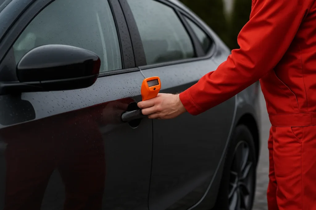 Doradca samochodowy w czerwonym kombinezonie mierzy grubość lakieru na drzwiach samochodu, sprawdzając, czy pojazd był poddawany naprawom.