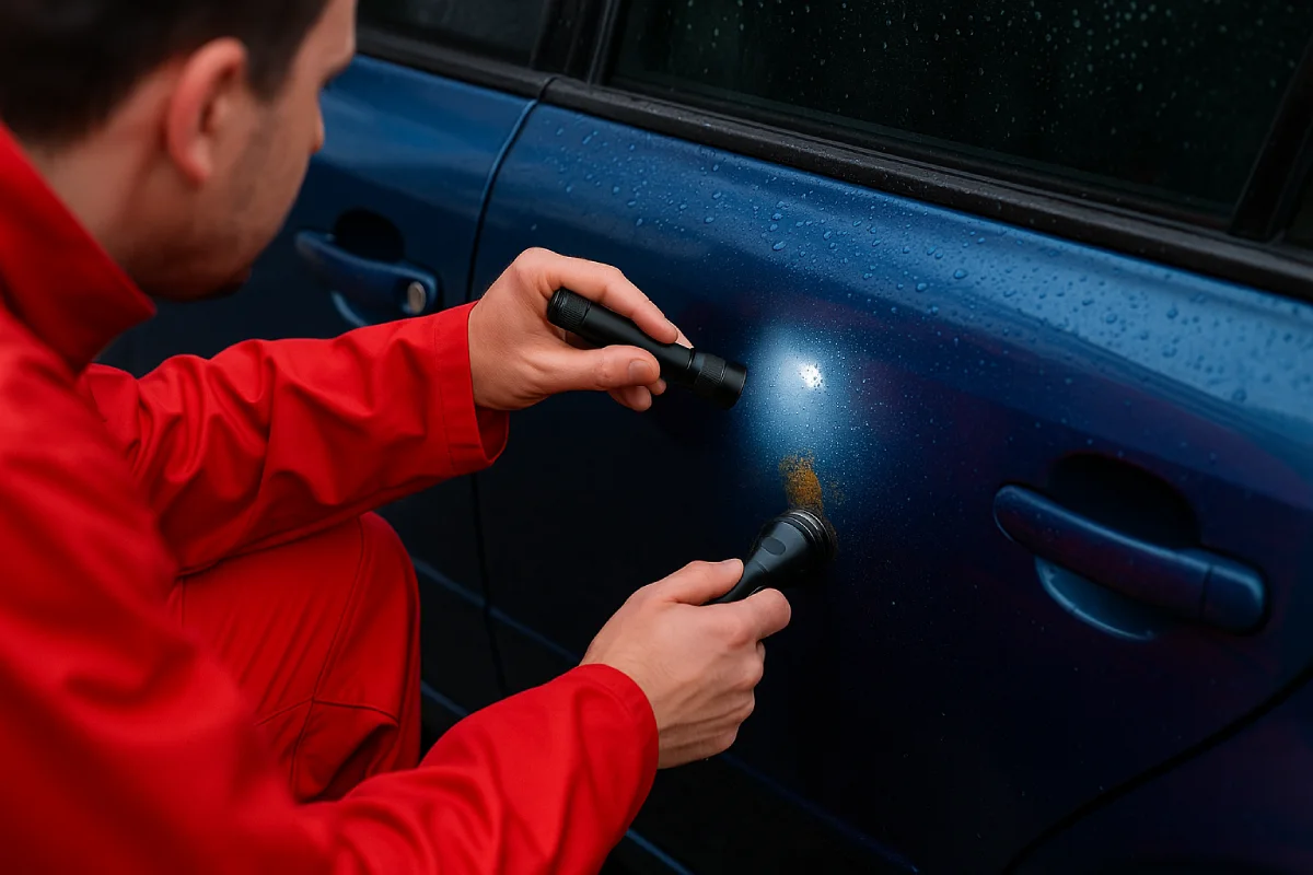 Doradca samochodowy w czerwonym kombinezonie oświetla latarką ślad rdzy na drzwiach samochodu, ujawniając ukryte wady mogące świadczyć o trikach sprzedającego.