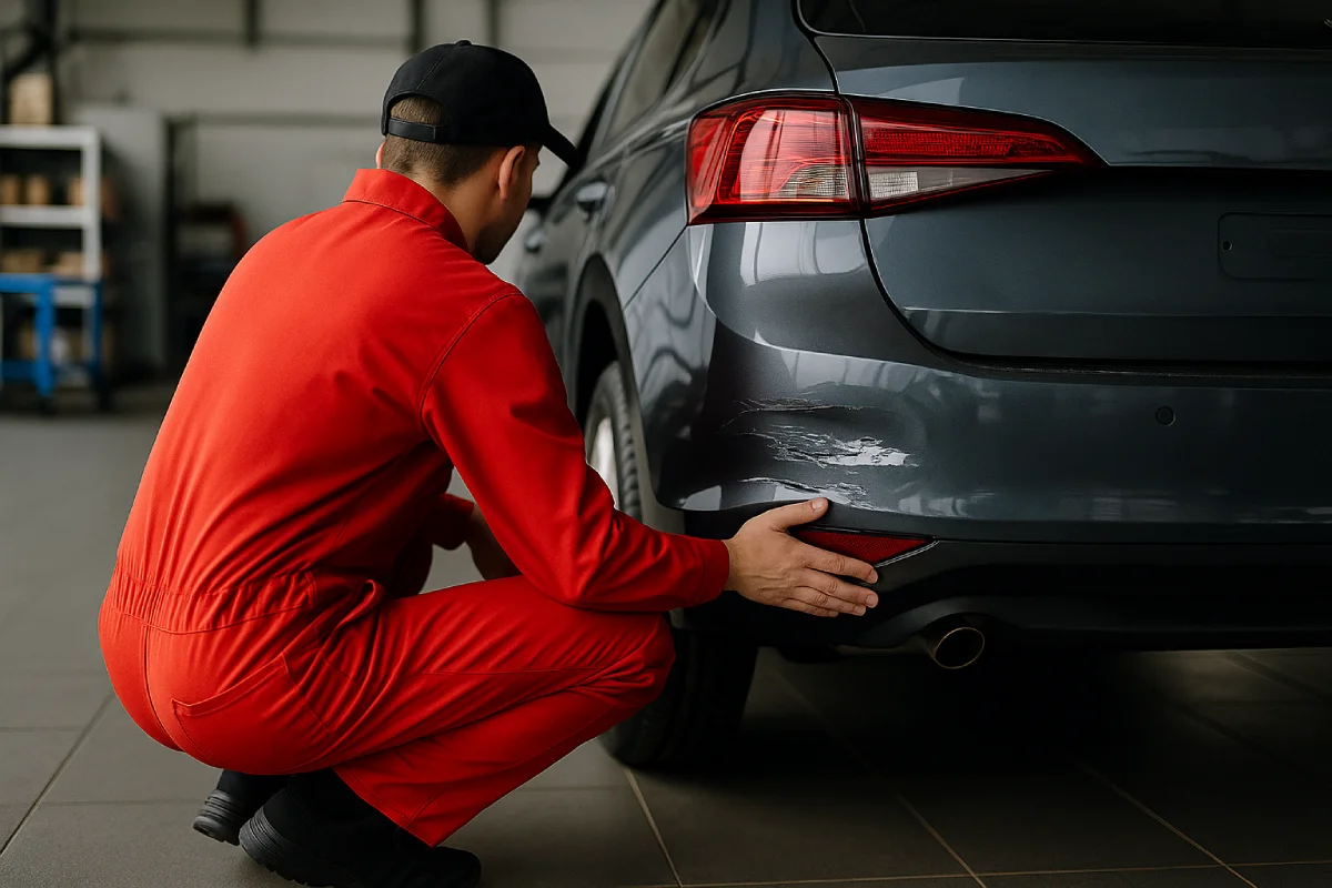 Doradca samochodowy w czerwonym kombinezonie ogląda uszkodzenie tylnego zderzaka samochodu na stanowisku serwisowym.