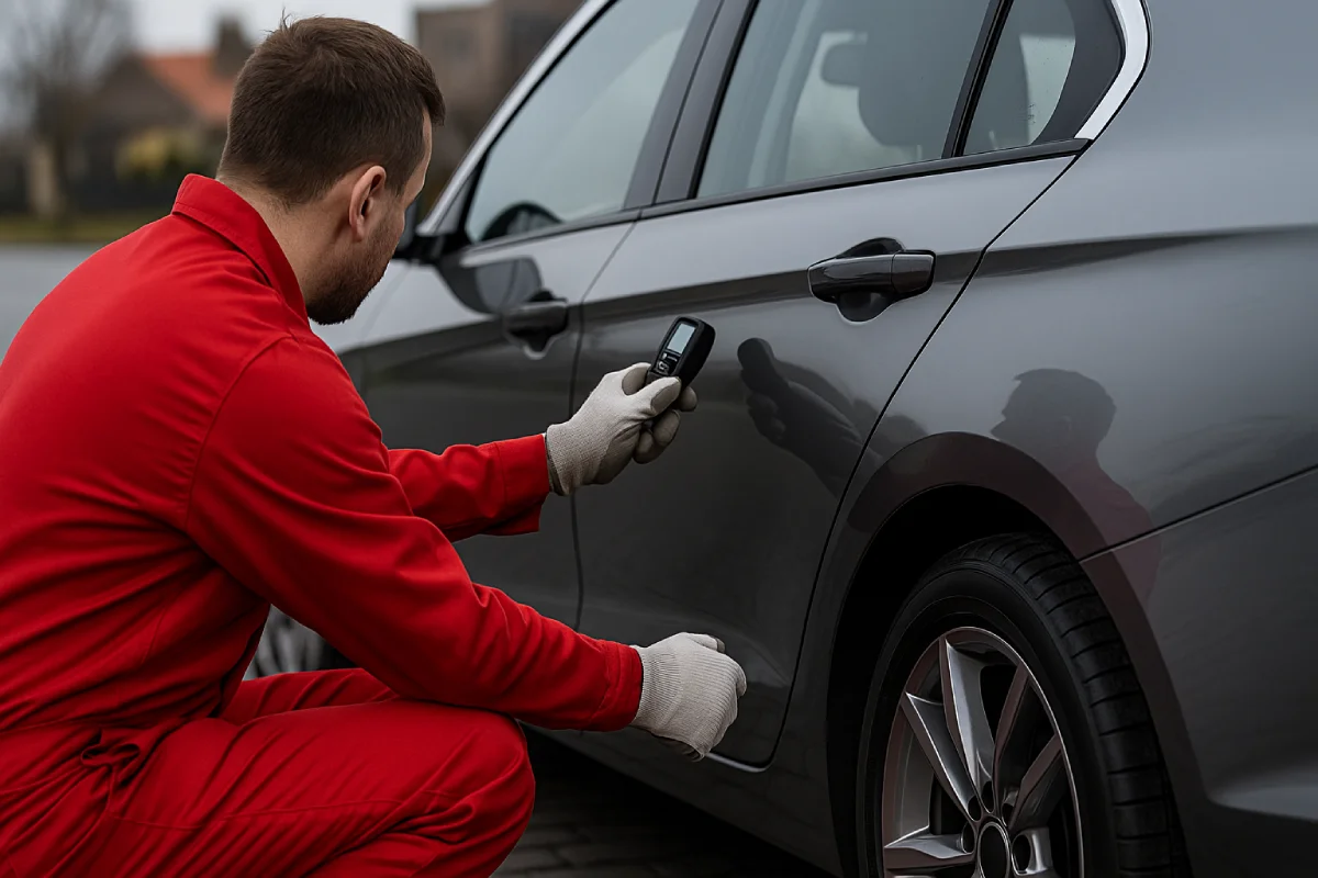 Doradca samochodowy sprawdza używany samochód przed zakupem i ocenia, czy jego cena jest uzasadniona