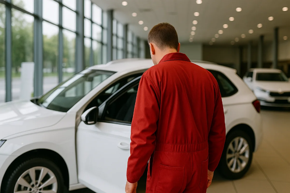 Doradca samochodowy w czerwonym kombinezonie ogląda nowe auto w salonie podczas przygotowania do odbioru.