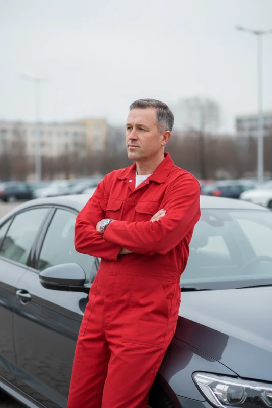 Doradca samochodowy z Rzeszowa ocenia stan auta przed zakupem na parkingu