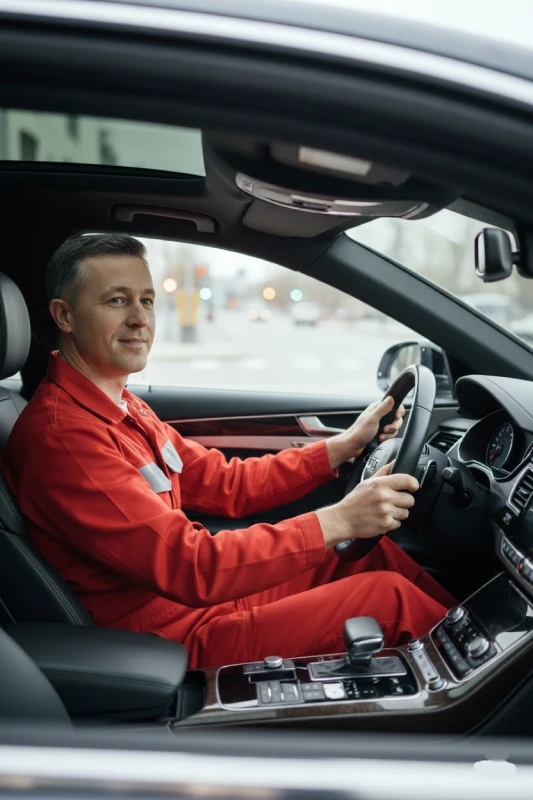 Bogdan Michalec – doradca samochodowy z 20-letnim doświadczeniem siedzący w aucie testując go.