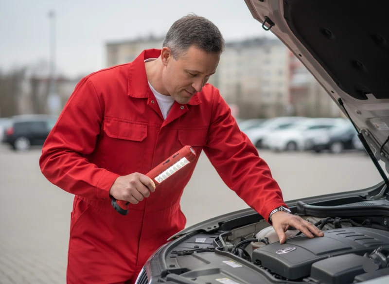 Ekspert samochodowy sprawdza komorę silnika latarką podczas inspekcji auta przed zakupem.